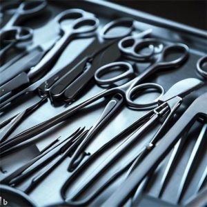 Stainless steel surgical instruments arranged on a tray